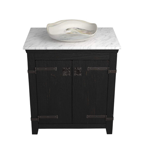 Native Trails 30" Americana Vanity in Anvil with Carrara Marble Top and Lido in Abalone, No Faucet Hole, BND30-VB-CT-MG-006