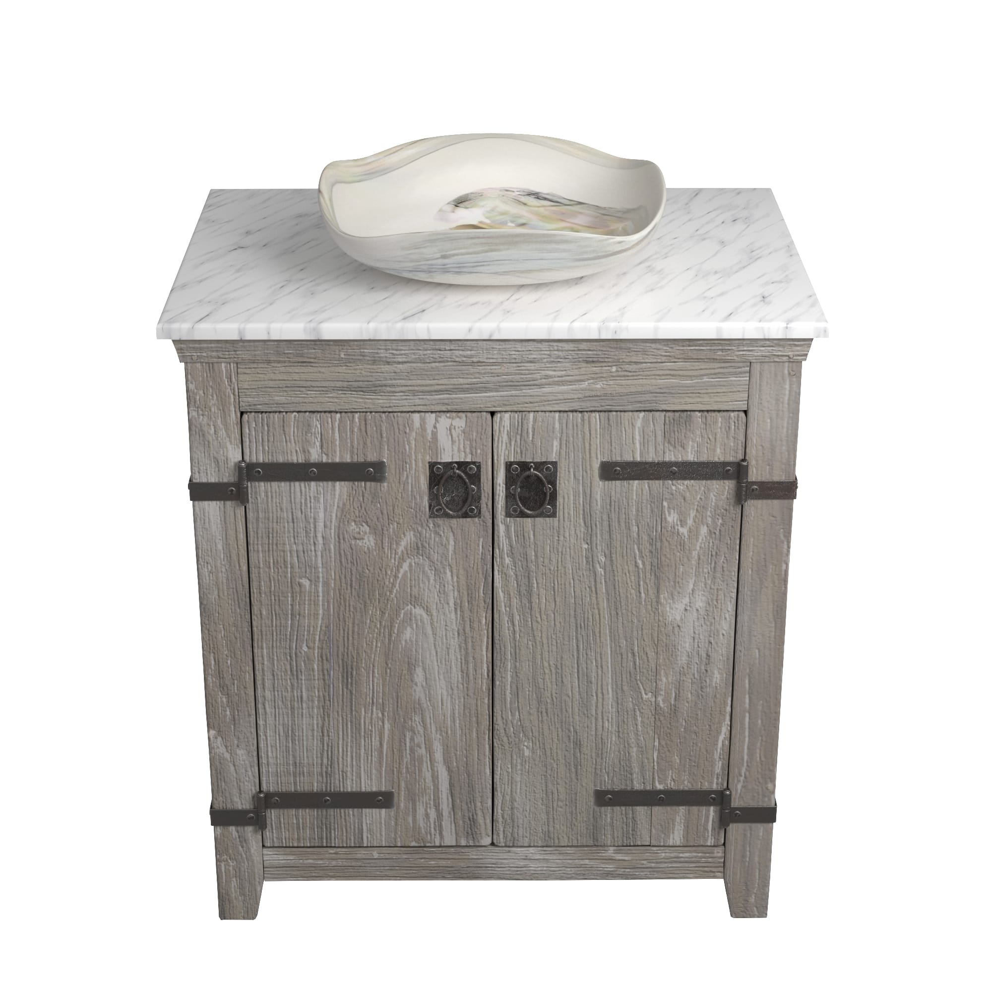 Native Trails 30" Americana Vanity in Driftwood with Carrara Marble Top and Lido in Abalone, No Faucet Hole, BND30-VB-CT-MG-008