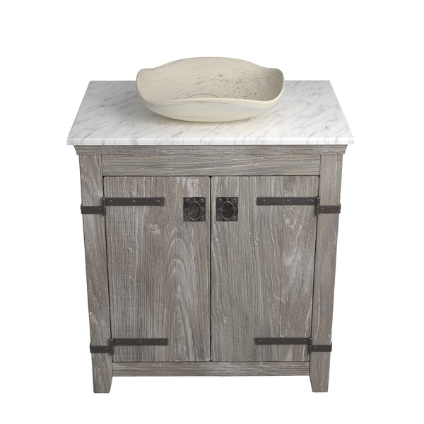 Native Trails 30" Americana Vanity in Driftwood with Carrara Marble Top and Lido in Beachcomber, Single Faucet Hole, BND30-VB-CT-MG-023