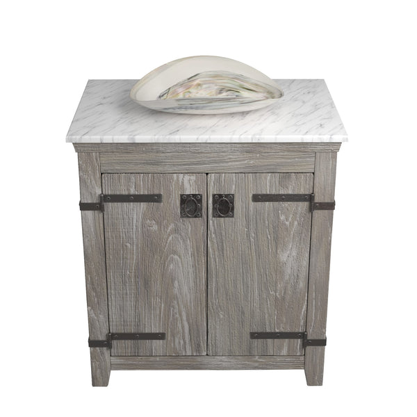 Native Trails 30" Americana Vanity in Driftwood with Carrara Marble Top and Verona in Abalone, No Faucet Hole, BND30-VB-CT-MG-064