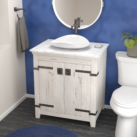 Native Trails 30" Americana Vanity in Whitewash with Carrara Marble Top and Sorrento in Bianco, Single Faucet Hole, BND30-VB-CT-MG-097