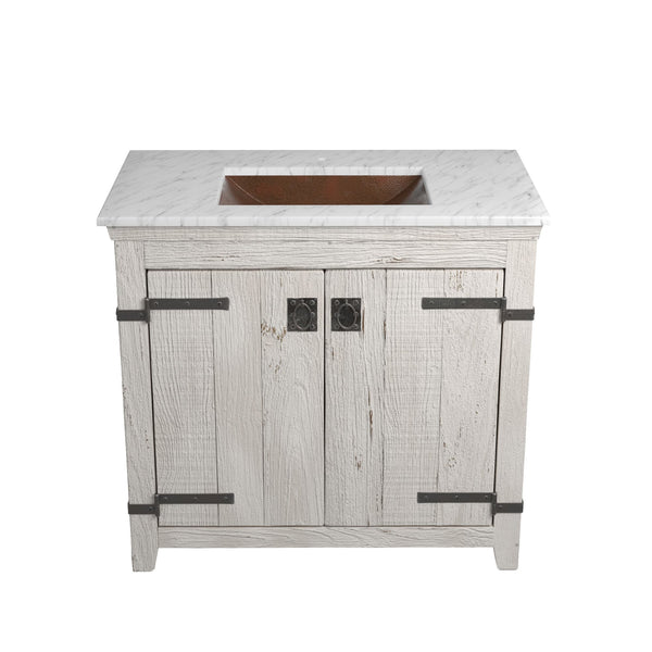 Native Trails 36" Americana Vanity in Whitewash with Carrara Marble Top and Avila in Antique, Single Faucet Hole, BND36-VB-CT-CP-001