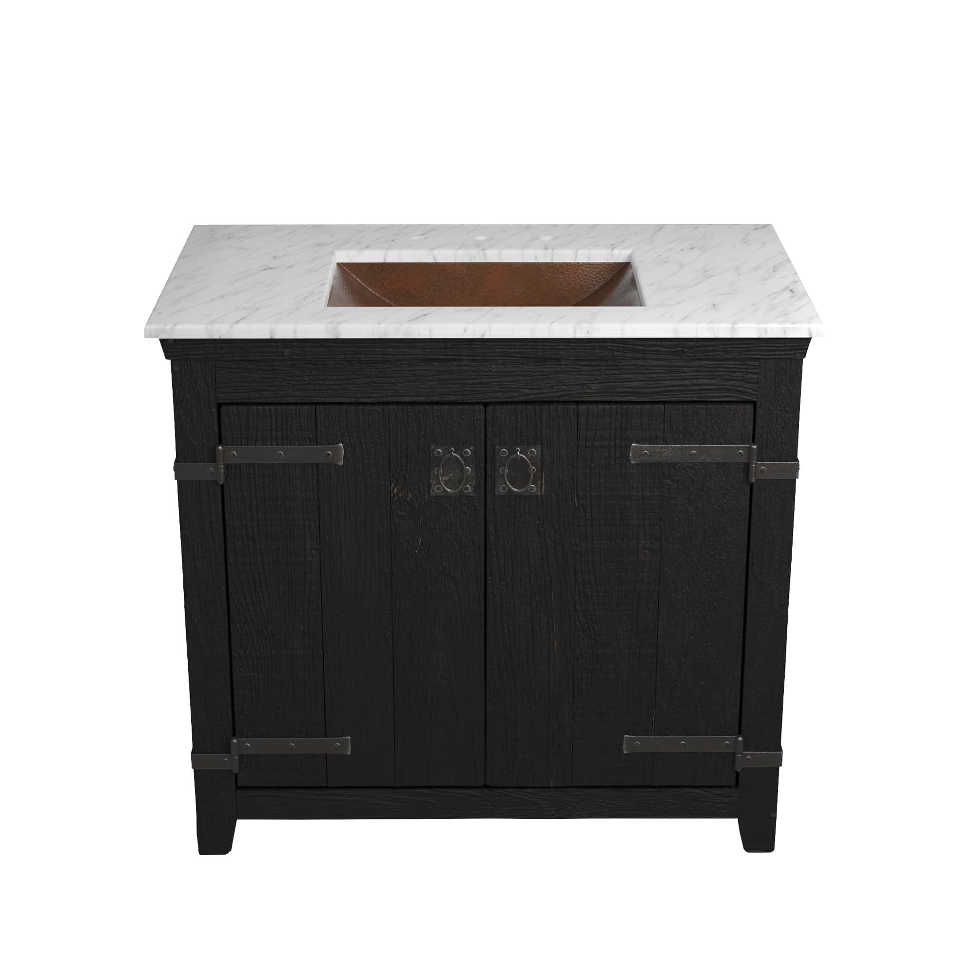 Native Trails 36" Americana Vanity in Anvil with Carrara Marble Top and Avila in Antique, 8" Widespread Faucet Holes, BND36-VB-CT-CP-006