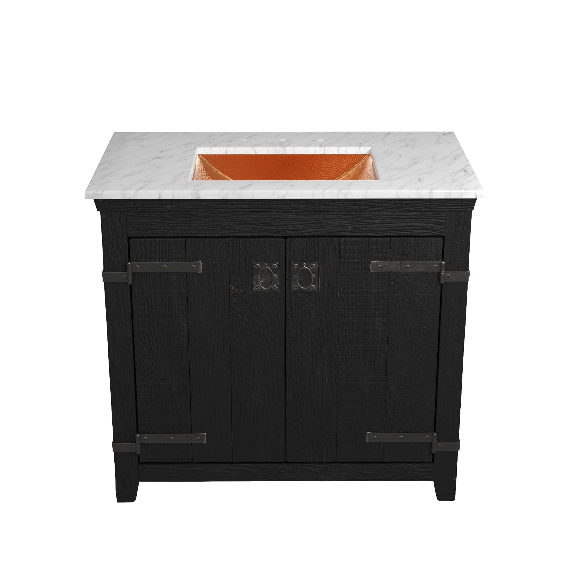 Native Trails 36" Americana Vanity in Anvil with Carrara Marble Top and Avila in Polished Copper, 8" Widespread Faucet Holes, BND36-VB-CT-CP-014