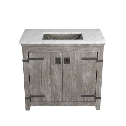 Native Trails 36" Americana Vanity in Driftwood with Carrara Marble Top and Avila in Polished Nickel, Single Faucet Hole, BND36-VB-CT-CP-031