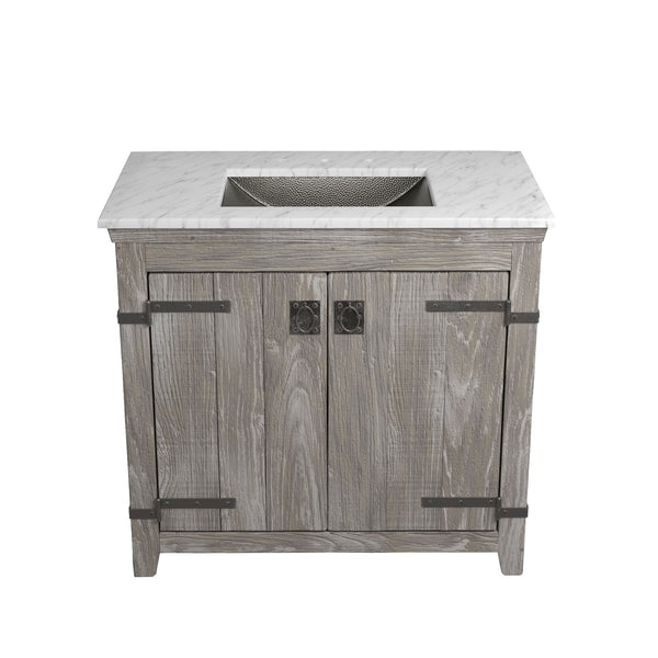 Native Trails 36" Americana Vanity in Driftwood with Carrara Marble Top and Avila in Polished Nickel, 8" Widespread Faucet Holes, BND36-VB-CT-CP-032