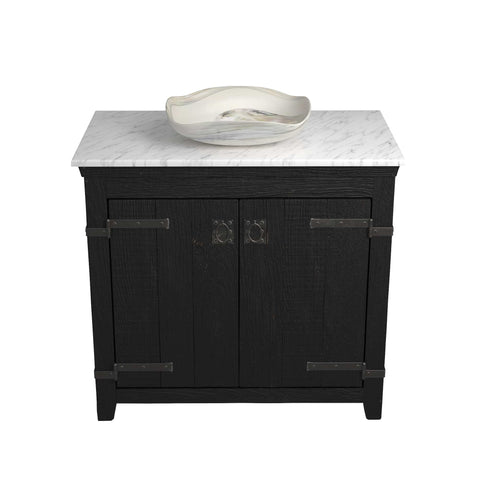 Native Trails 36" Americana Vanity in Anvil with Carrara Marble Top and Lido in Abalone, Single Faucet Hole, BND36-VB-CT-MG-005