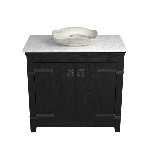 Native Trails 36" Americana Vanity in Anvil with Carrara Marble Top and Lido in Abalone, No Faucet Hole, BND36-VB-CT-MG-006