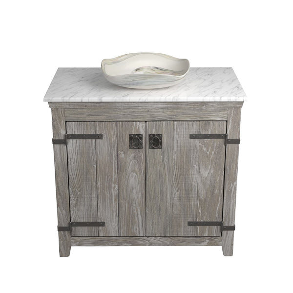 Native Trails 36" Americana Vanity in Driftwood with Carrara Marble Top and Lido in Abalone, Single Faucet Hole, BND36-VB-CT-MG-007