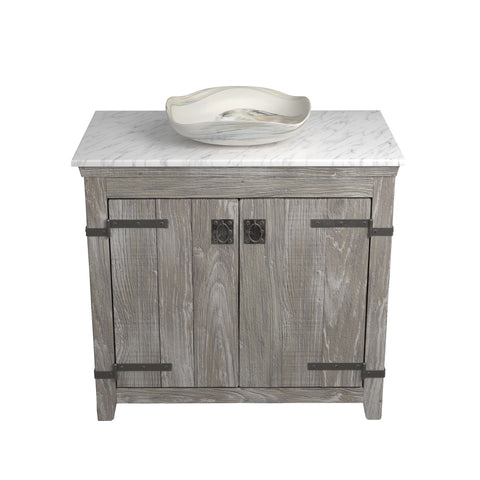 Native Trails 36" Americana Vanity in Driftwood with Carrara Marble Top and Lido in Abalone, No Faucet Hole, BND36-VB-CT-MG-008