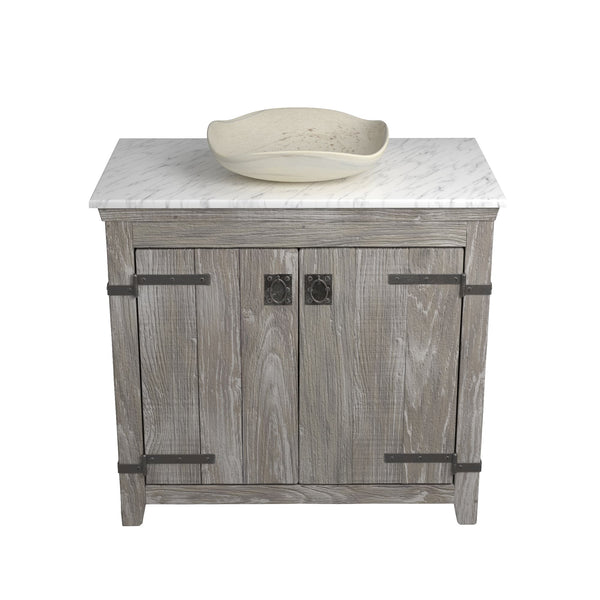 Native Trails 36" Americana Vanity in Driftwood with Carrara Marble Top and Lido in Beachcomber, No Faucet Hole, BND36-VB-CT-MG-024