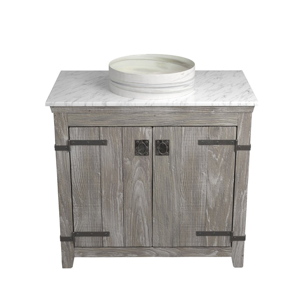 Native Trails 36" Americana Vanity in Driftwood with Carrara Marble Top and Positano in Abalone, Single Faucet Hole, BND36-VB-CT-MG-039