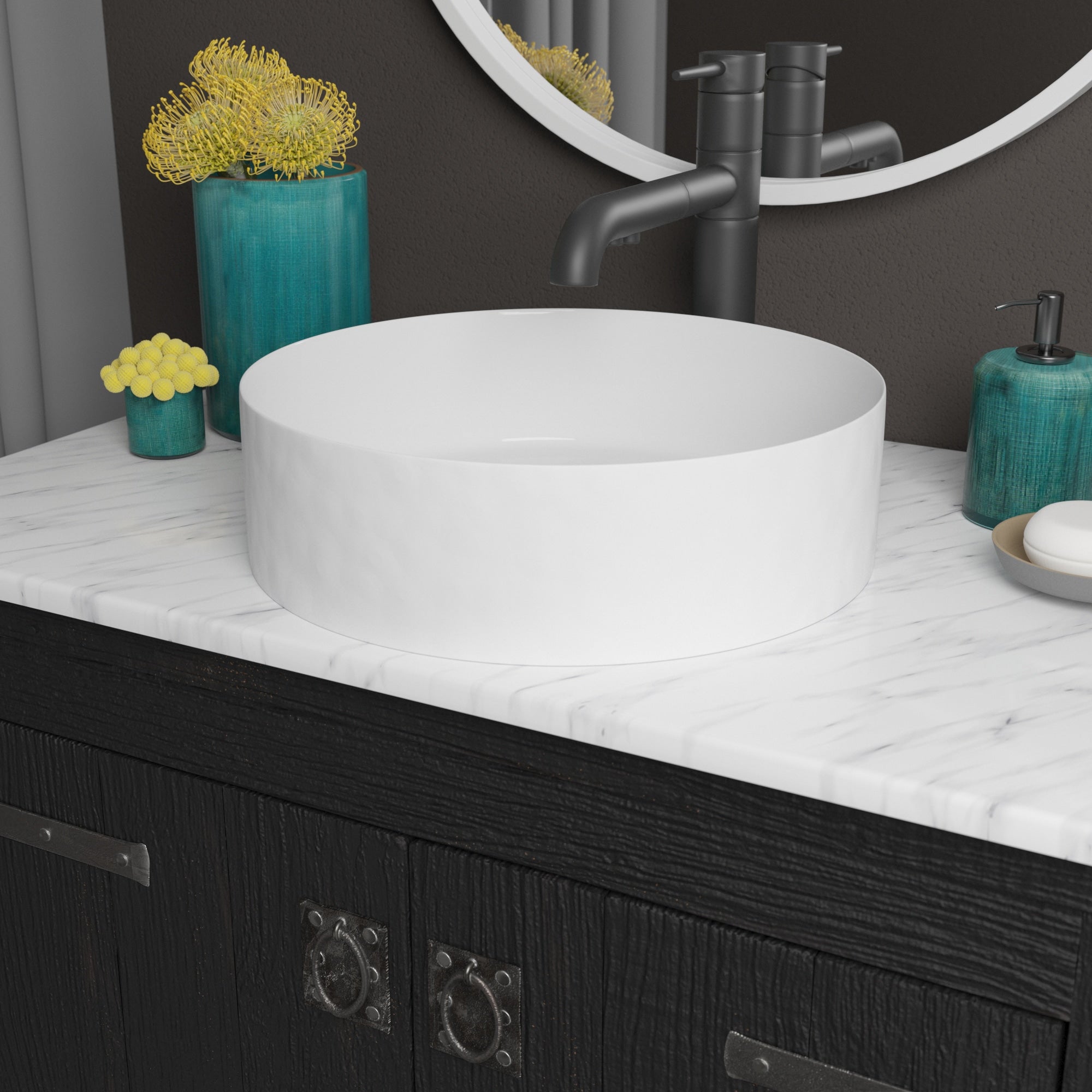 Native Trails 36" Americana Vanity in Anvil with Carrara Marble Top and Positano in Bianco, Single Faucet Hole, BND36-VB-CT-MG-053