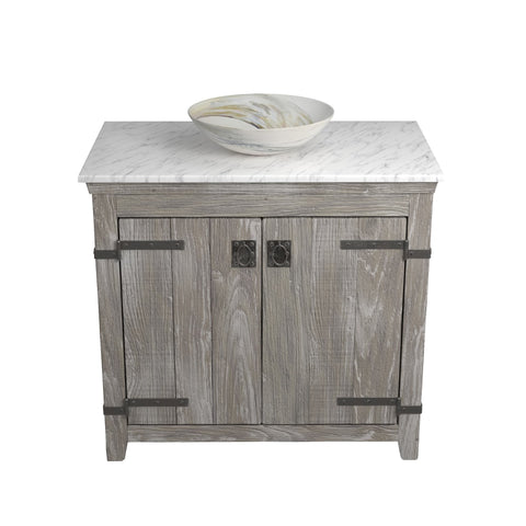 Native Trails 36" Americana Vanity in Driftwood with Carrara Marble Top and Verona in Abalone, Single Faucet Hole, BND36-VB-CT-MG-063