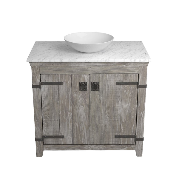 Native Trails 36" Americana Vanity in Driftwood with Carrara Marble Top and Verona in Bianco, Single Faucet Hole, BND36-VB-CT-MG-079