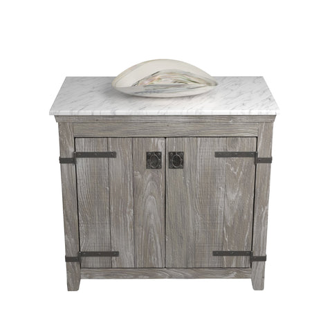 Native Trails 36" Americana Vanity in Driftwood with Carrara Marble Top and Sorrento in Abalone, Single Faucet Hole, BND36-VB-CT-MG-095