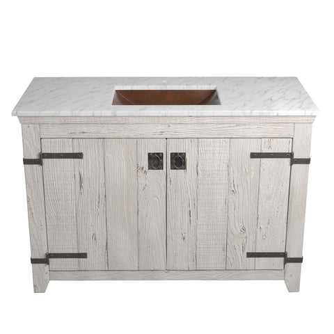 Native Trails 48" Americana Vanity in Whitewash with Carrara Marble Top and Avila in Antique, Single Faucet Hole, BND48-VB-CT-CP-001