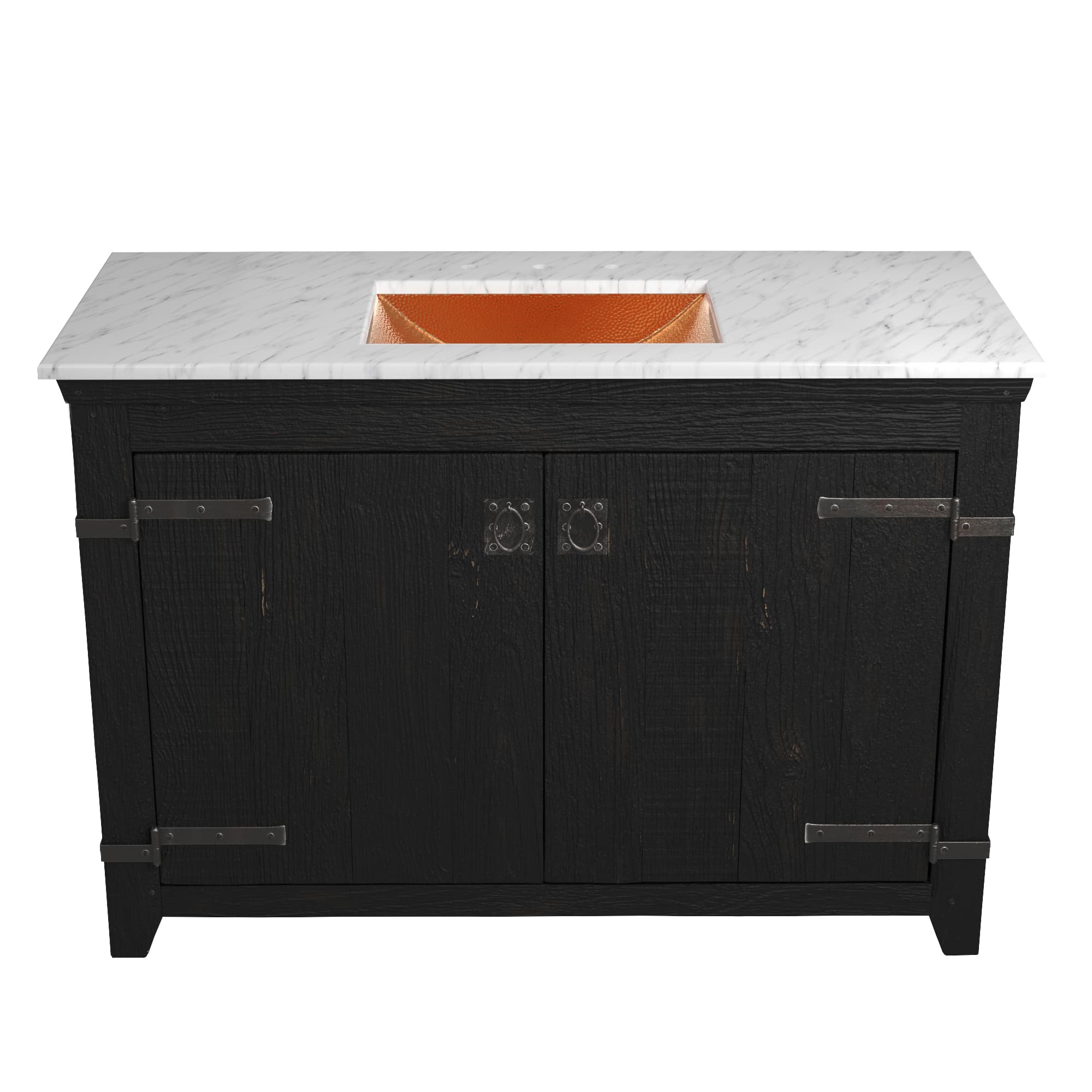 Native Trails 48" Americana Vanity in Anvil with Carrara Marble Top and Avila in Polished Copper, 8" Widespread Faucet Holes, BND48-VB-CT-CP-014