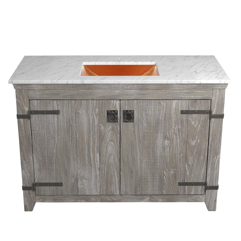 Native Trails 48" Americana Vanity in Driftwood with Carrara Marble Top and Avila in Polished Copper, Single Faucet Hole, BND48-VB-CT-CP-015