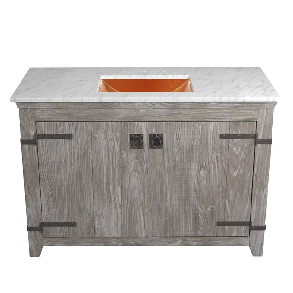 Native Trails 48" Americana Vanity in Driftwood with Carrara Marble Top and Avila in Polished Copper, 8" Widespread Faucet Holes, BND48-VB-CT-CP-016