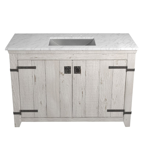 Native Trails 48" Americana Vanity in Whitewash with Carrara Marble Top and Avila in Brushed Nickel, 8" Widespread Faucet Holes, BND48-VB-CT-CP-018