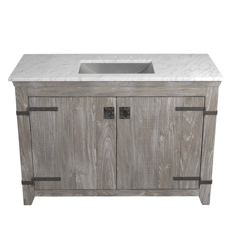 Native Trails 48" Americana Vanity in Driftwood with Carrara Marble Top and Avila in Brushed Nickel, 8" Widespread Faucet Holes, BND48-VB-CT-CP-024