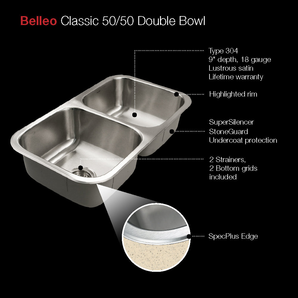 Houzer Belleo 18" Drop In/Topmount Stainless Steel Kitchen Sink, 50/50 Double Bowl, 18 Gauge, BSD-3209