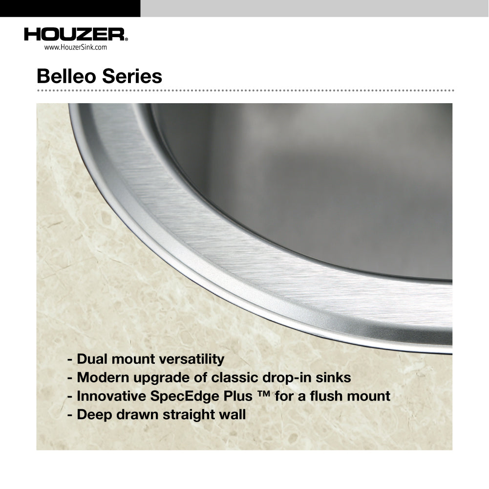 Houzer Belleo 18" Drop In/Topmount Stainless Steel Kitchen Sink, 50/50 Double Bowl, 18 Gauge, BSD-3209