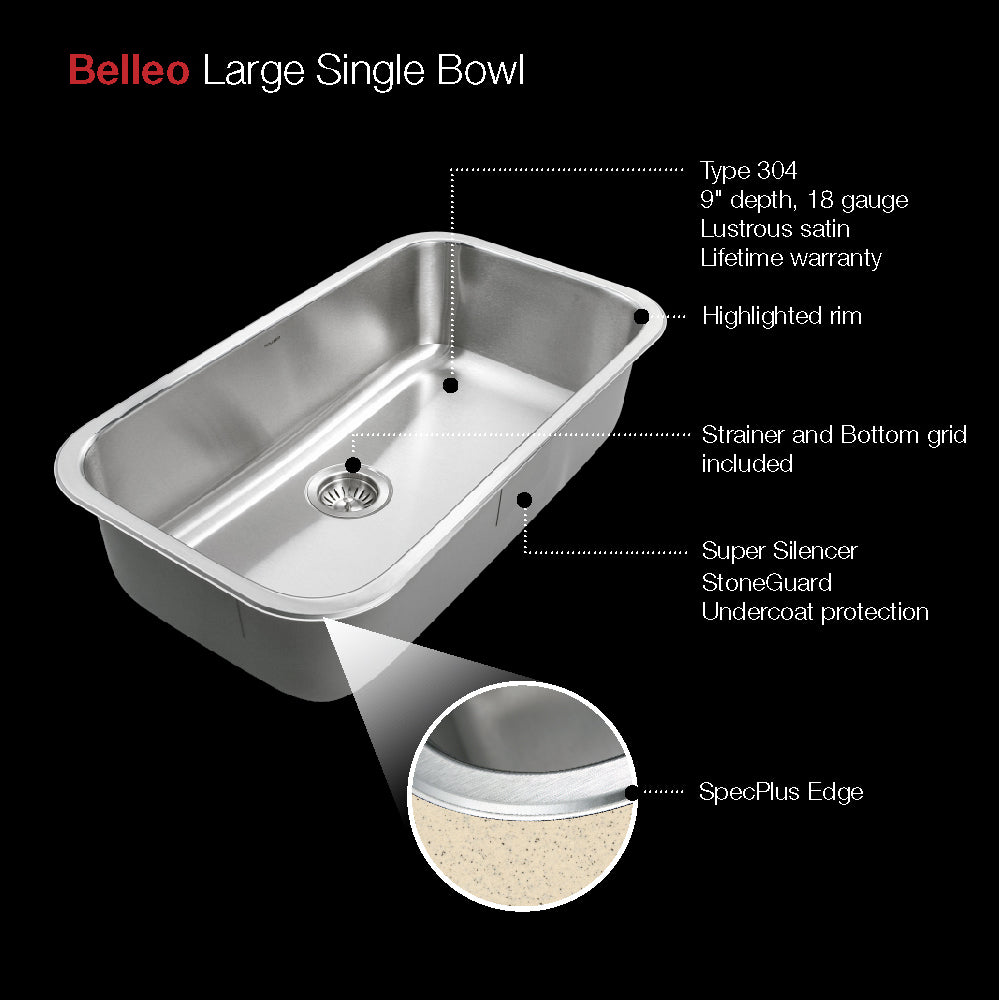 Houzer Belleo 18" Drop In/Topmount Stainless Steel Kitchen Sink, 18 Gauge, BSG-3018