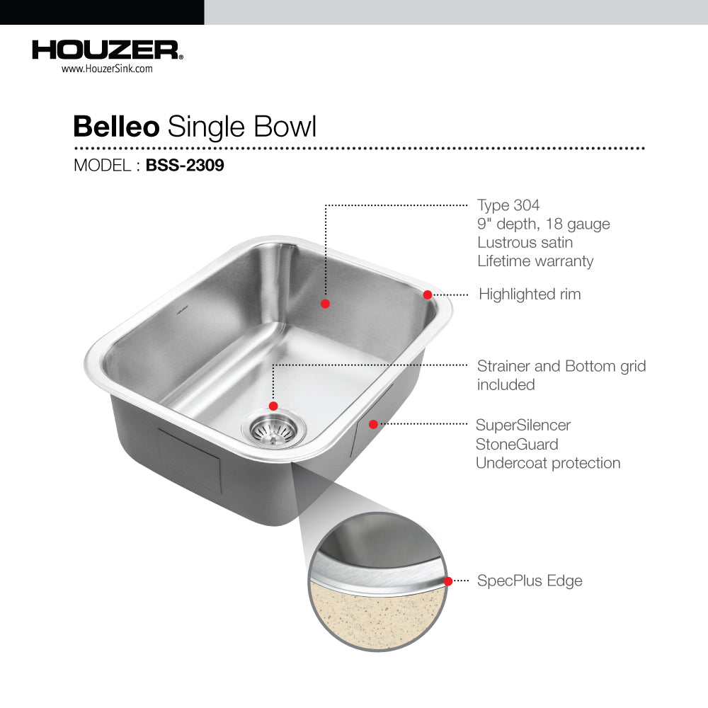 Houzer Belleo 18" Drop In/Topmount Stainless Steel Kitchen Sink, 18 Gauge, BSS-2309
