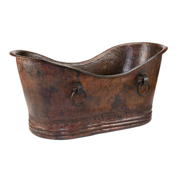 Premier Copper Products 67" Hammered Copper Double Slipper Bathtub With Rings, BTDR67DB