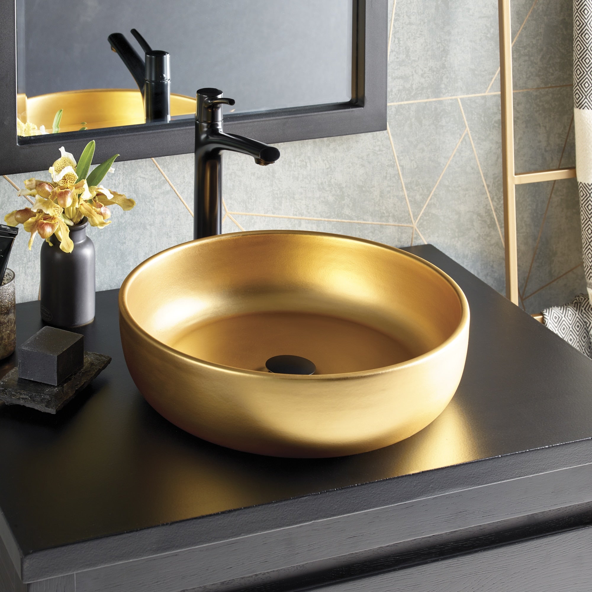 Native Trails Bliss 16" x 16" Round Vessel Fireclay Bathroom Sink, Matte Gold, PML1616-G