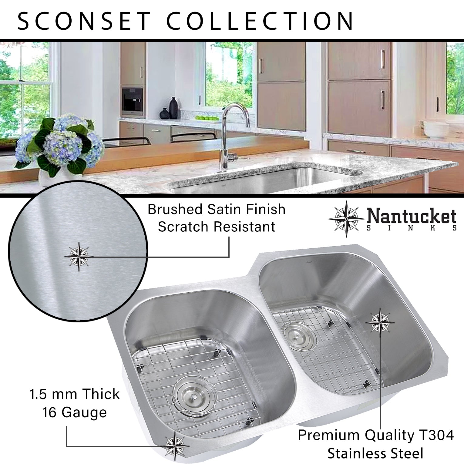 Nantucket Sinks Sconset 32" Stainless Steel Kitchen Sink, NS3121-16 - The Sink Boutique