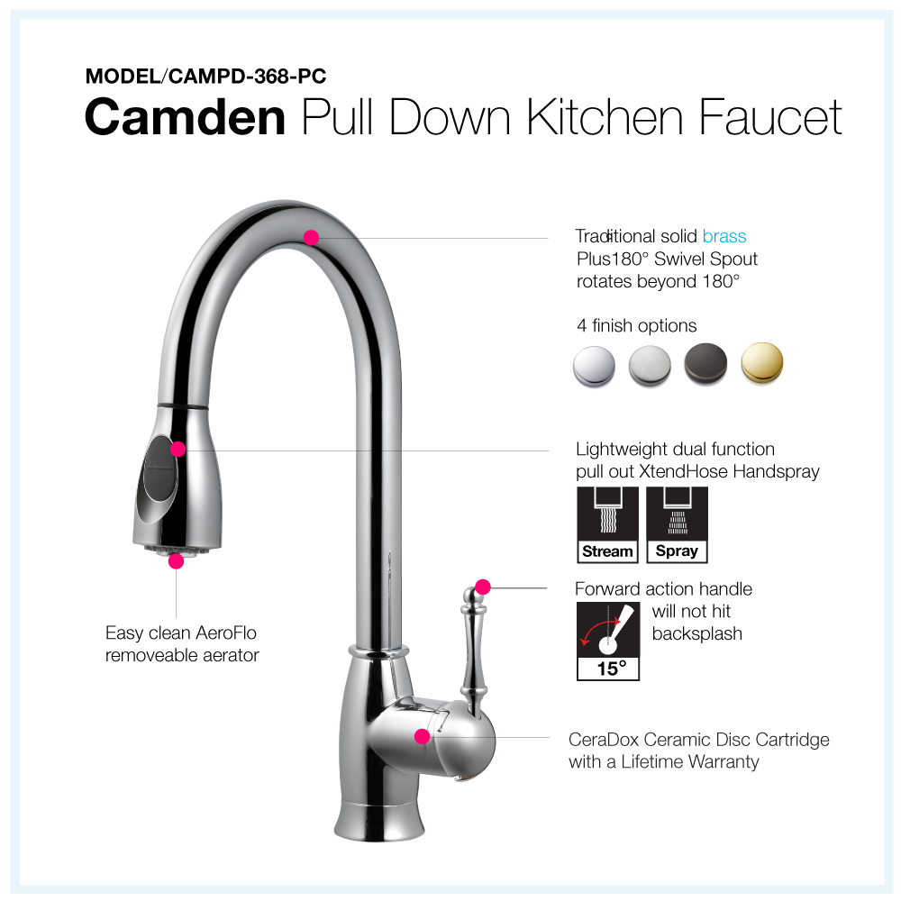 Houzer Camden Pull Down Kitchen Faucet with CeraDox Technology Polished Chrome, CAMPD-368-PC - The Sink Boutique