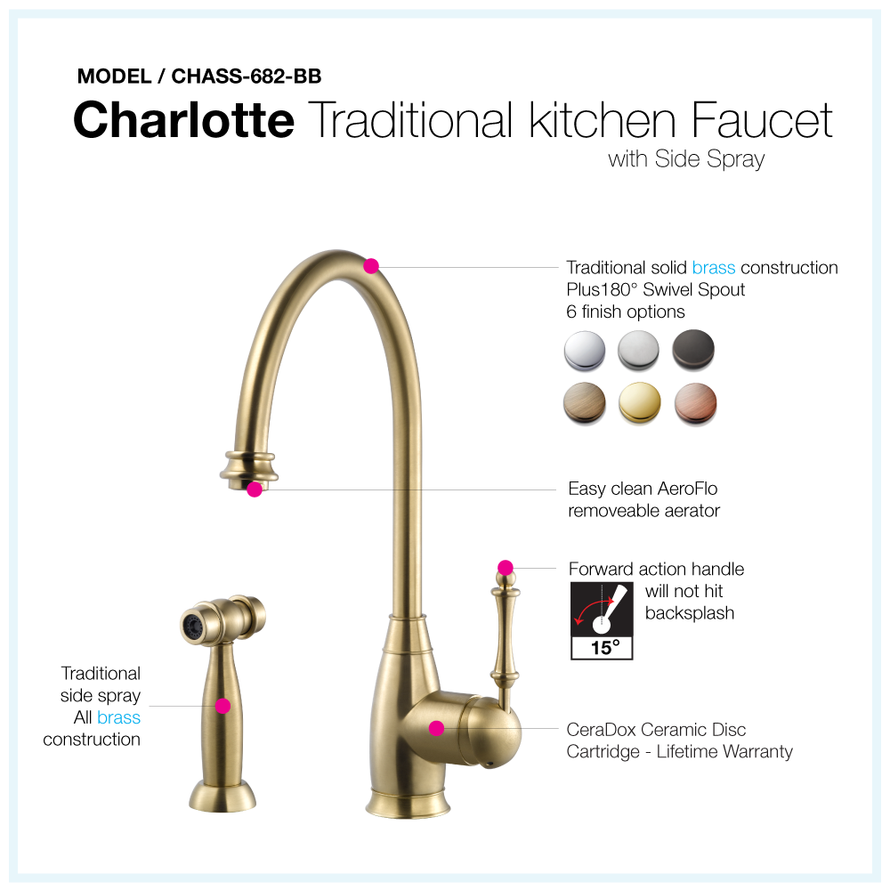 Houzer Charlotte Solid Brass Kitchen Faucet with Sidespray Brushed Brass, CHASS-682-BB - The Sink Boutique