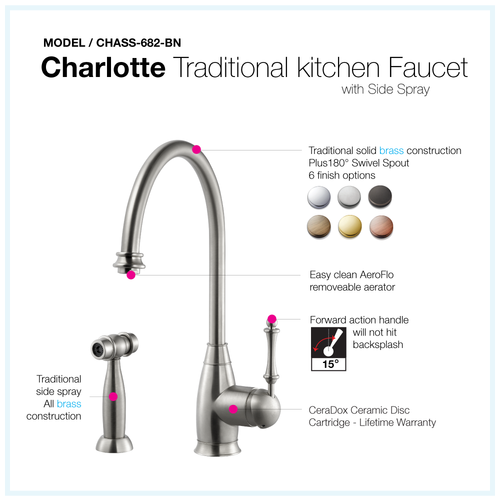 Houzer Charlotte Solid Brass Kitchen Faucet with Sidespray Brushed Nickel, CHASS-682-BN - The Sink Boutique