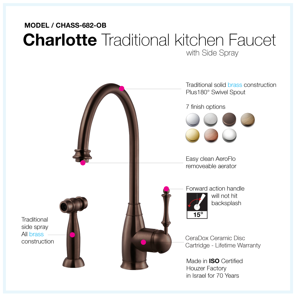 Houzer Charlotte Solid Brass Faucet, Sidespray Bronze, CHASS-682-OB