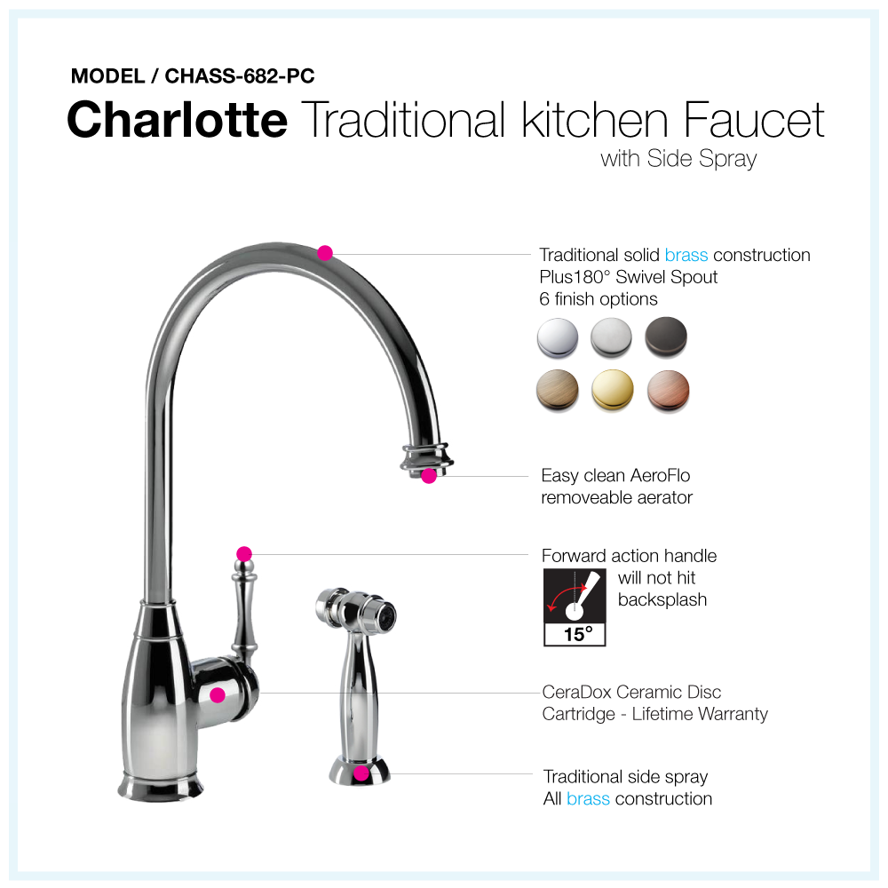 Houzer Charlotte Traditional Solid Brass Kitchen Faucet with Sidespray Polished Chrome, CHASS-682-PC - The Sink Boutique
