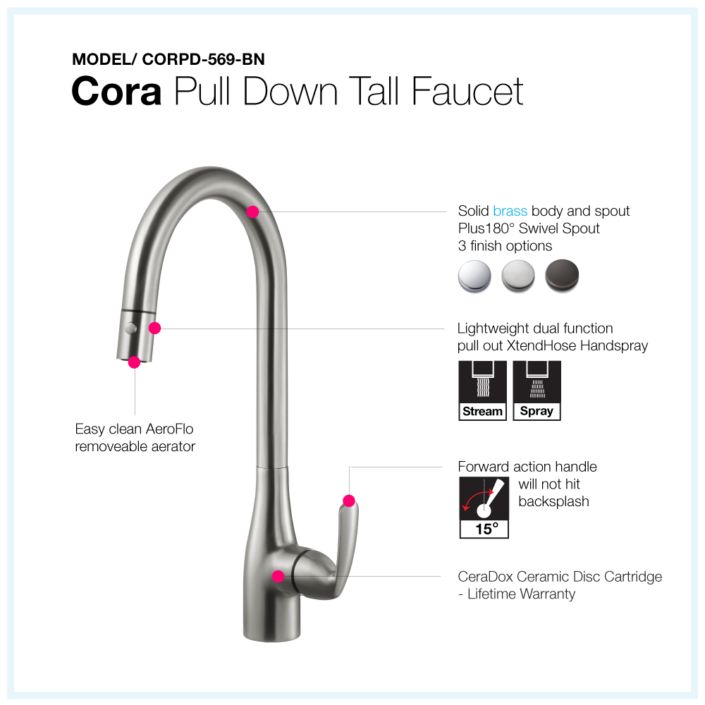 Houzer Cora Pull Down Kitchen Faucet Brushed Nickel, CORPD-569-BN - The Sink Boutique