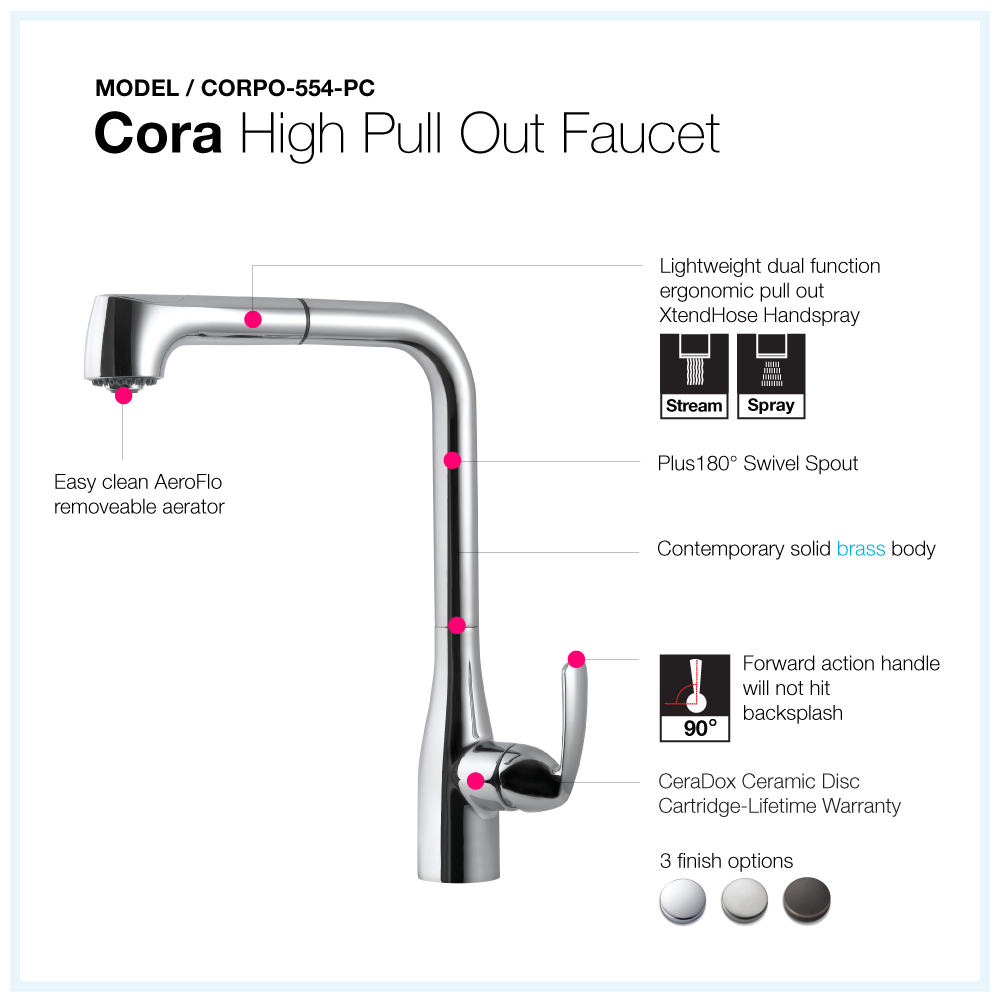 Houzer Cora Pull Out Kitchen Faucet with CeraDox Technology Polished Chrome, CORPO-554-PC - The Sink Boutique