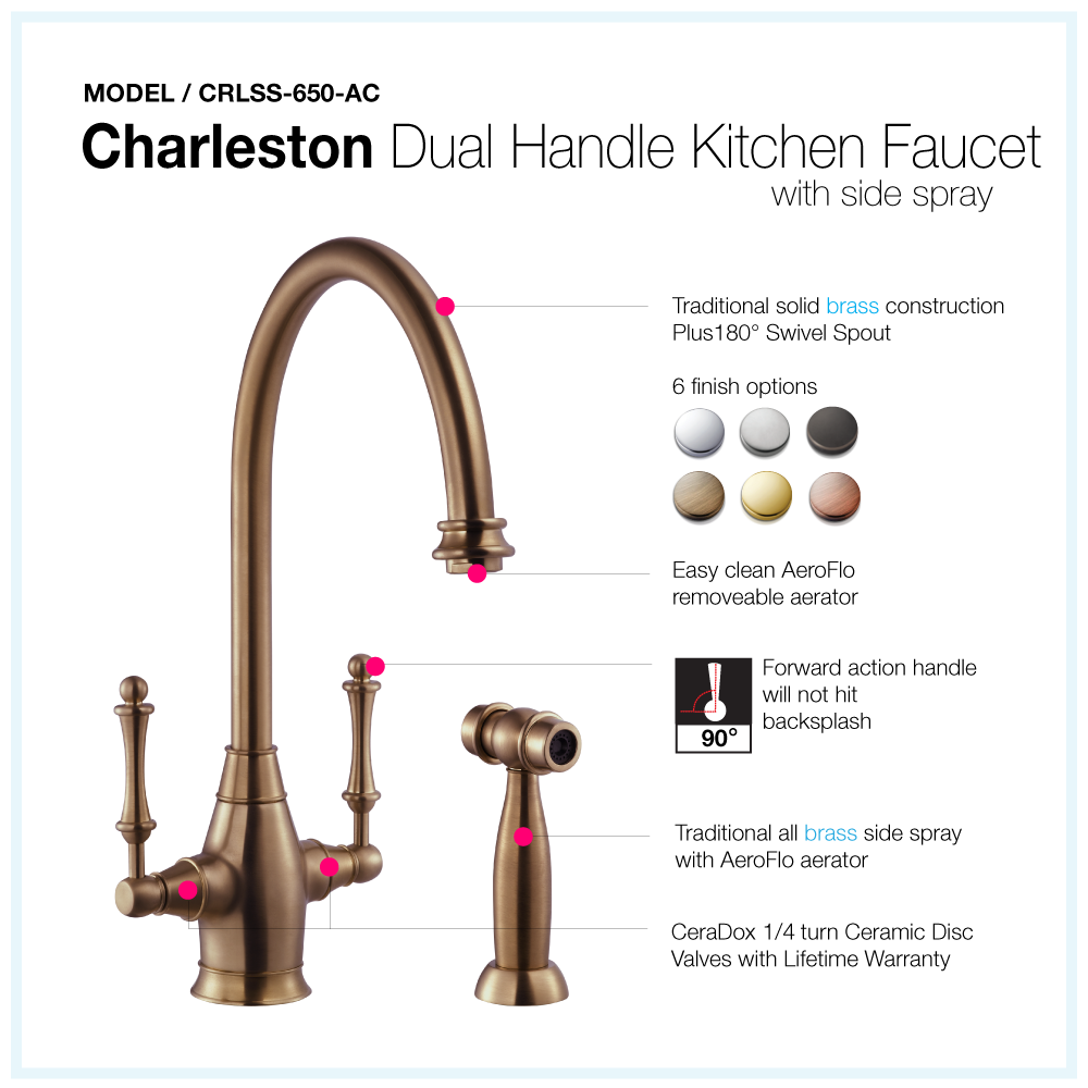 Houzer Charleston Two Handle Kitchen Faucet with Sidespray Antique Copper, CRLSS-650-AC - The Sink Boutique