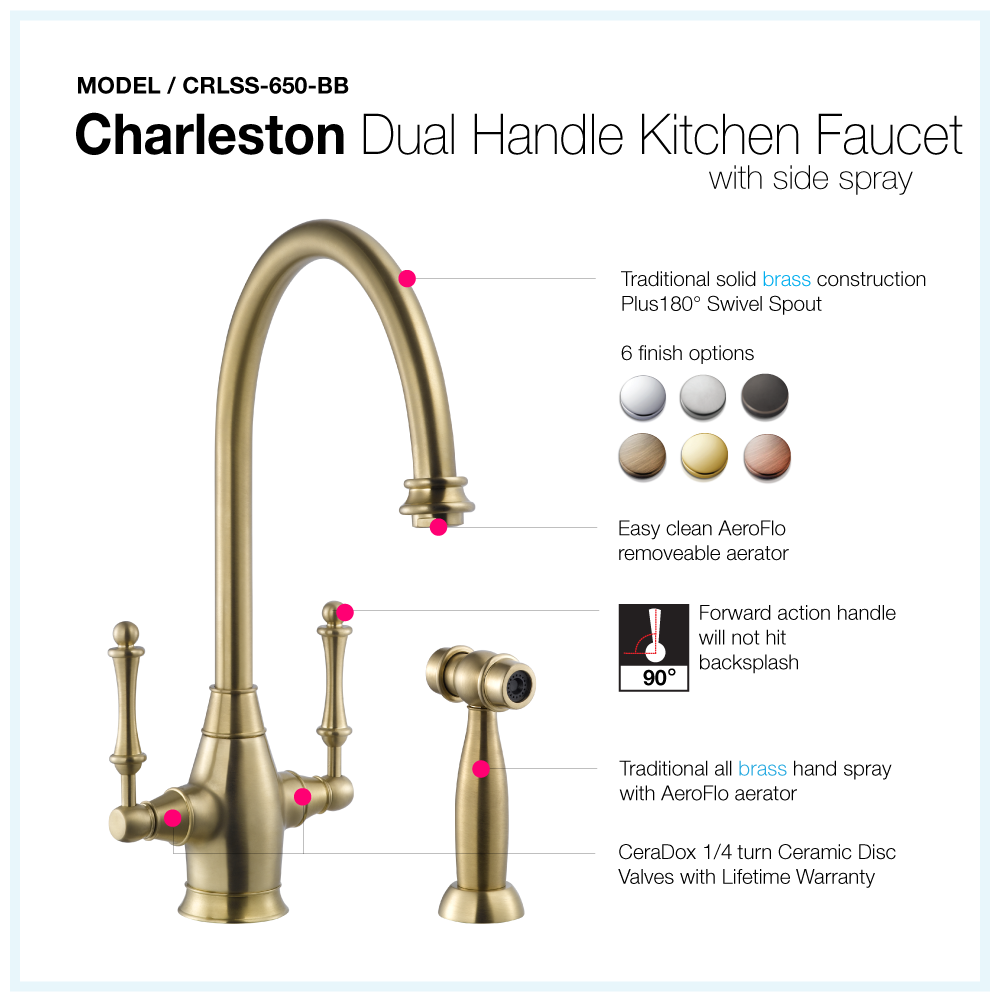 Houzer Charleston Two Handle Kitchen Faucet with Sidespray Brushed Brass, CRLSS-650-BB - The Sink Boutique