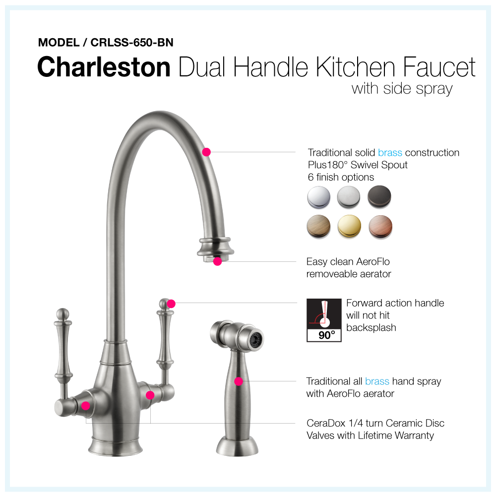 Houzer Charleston Two Handle Kitchen Faucet with Sidespray Brushed Nickel, CRLSS-650-BN - The Sink Boutique