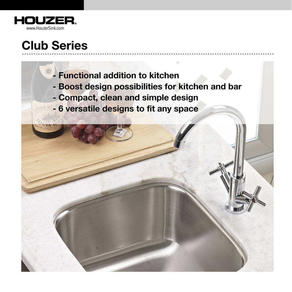 Houzer CS-1105 Club Series Undermount Bar Prep Sink – 18-Gauge T304 Stainless Steel, 9.25" X 18" Compact Bowl, StoneGuard Sound Dampening, Fits 18" Cabinet, Includes Strainer