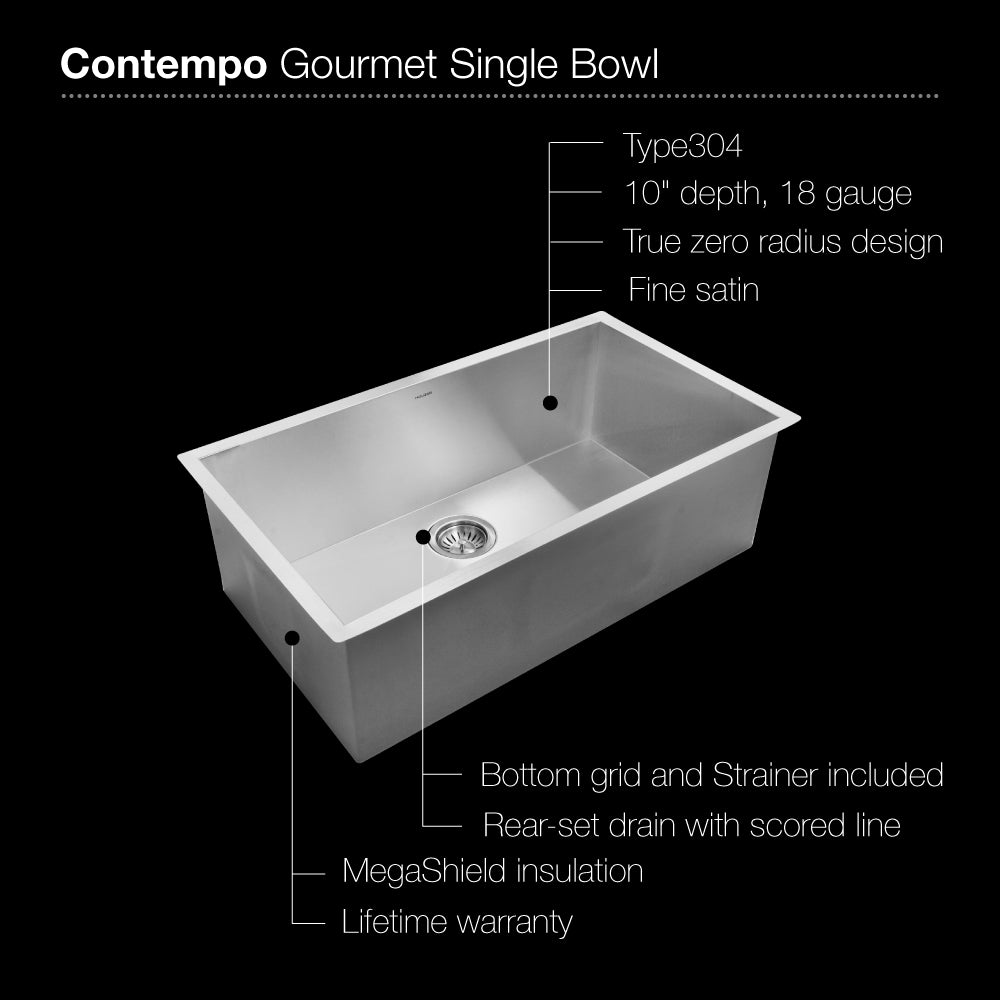 Houzer 32" Stainless Steel Undermount Single Bowl Kitchen Sink, CTG-3200 - The Sink Boutique