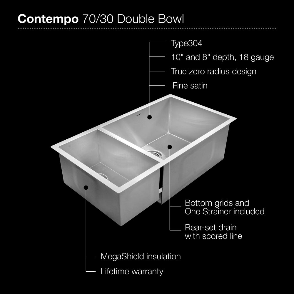 Houzer 33" Stainless Steel Undermount 70/30 Double Bowl Kitchen Sink, CTO-3370SL - The Sink Boutique