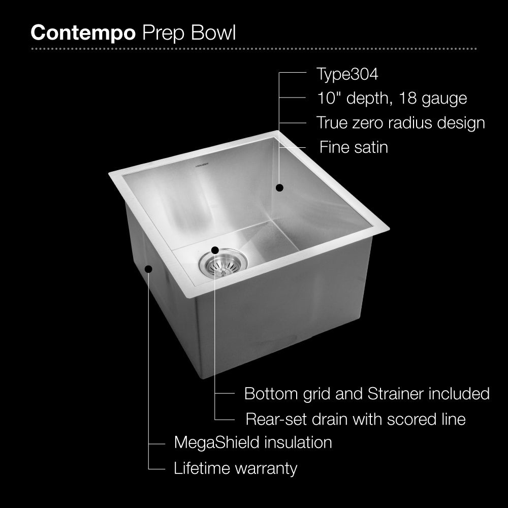 Houzer 17" Stainless Steel Undermount Zero Radius Prep Sink Bar Sink, CTR-1700 - The Sink Boutique