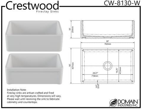 Crestwood 30" White Farmhouse Sink, Casement/Smooth Front, CW-8130-W - The Sink Boutique