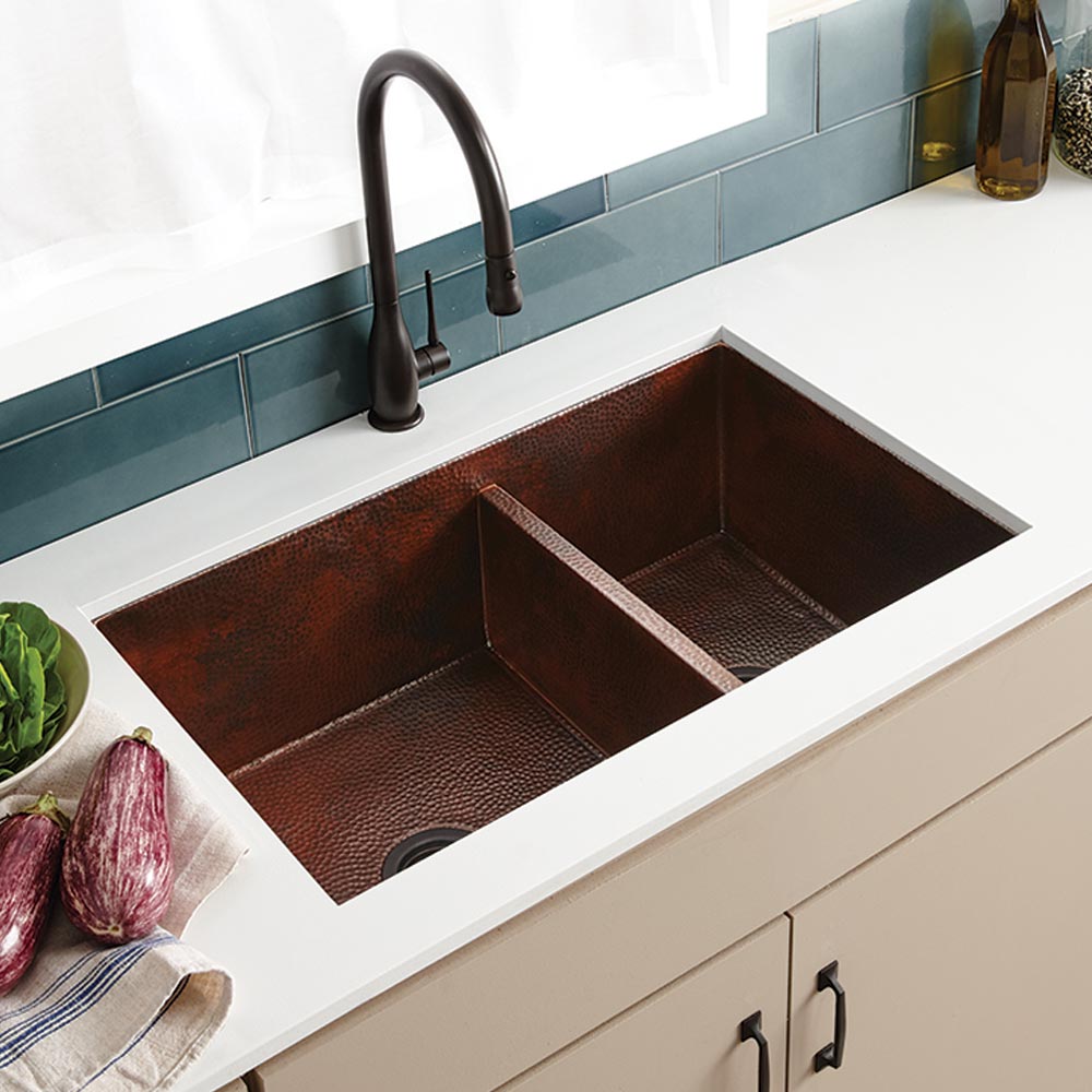 Native Trails Cocina Duet 33" Copper Kitchen Sink, 60/40 Double Bowl, Antique Copper, CPK275