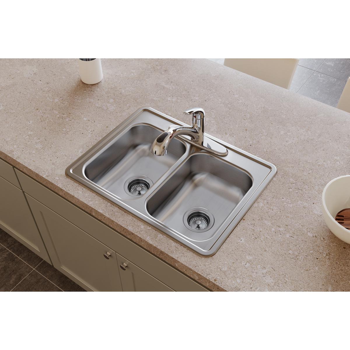 Elkay Dayton 25" Stainless Steel Kitchen Sink, 50/50 Double Bowl, Satin, D225194 - The Sink Boutique